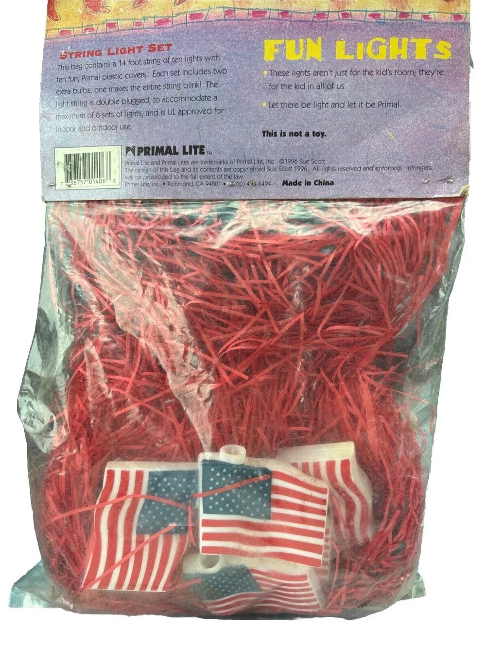 Vintage 1996 Primal Lite Fun Lights USA Flags 14ft String Of 10 Blinking Lights
